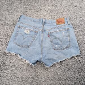 Levi's 501 Shorts Women 30 Blue Normcore Distressed Bikercore Raw Hem Med Wash